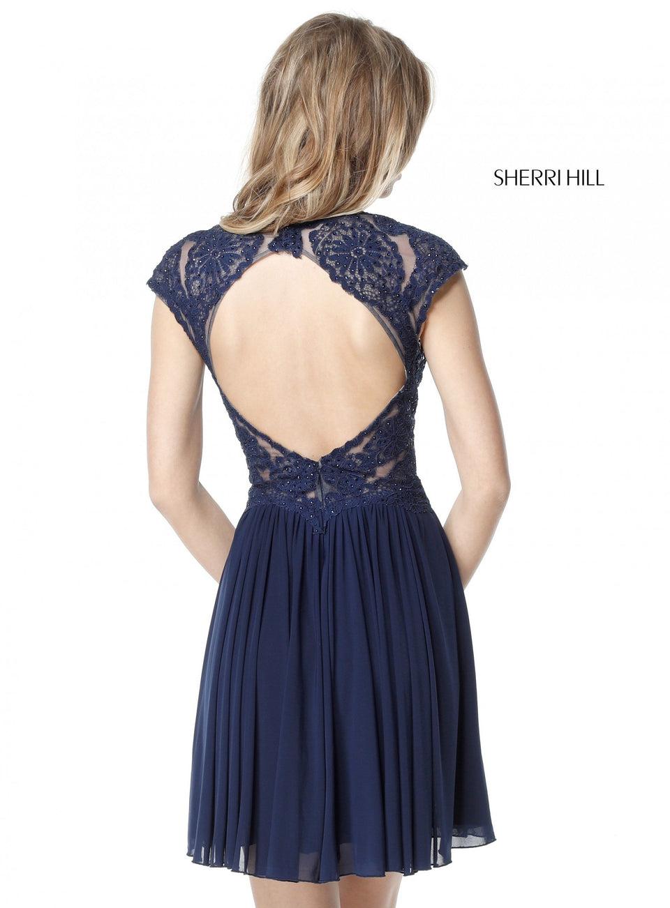 Sherri Hill Lace Deep V Cocktail With Cap Sleeves And Chiffon Skirt