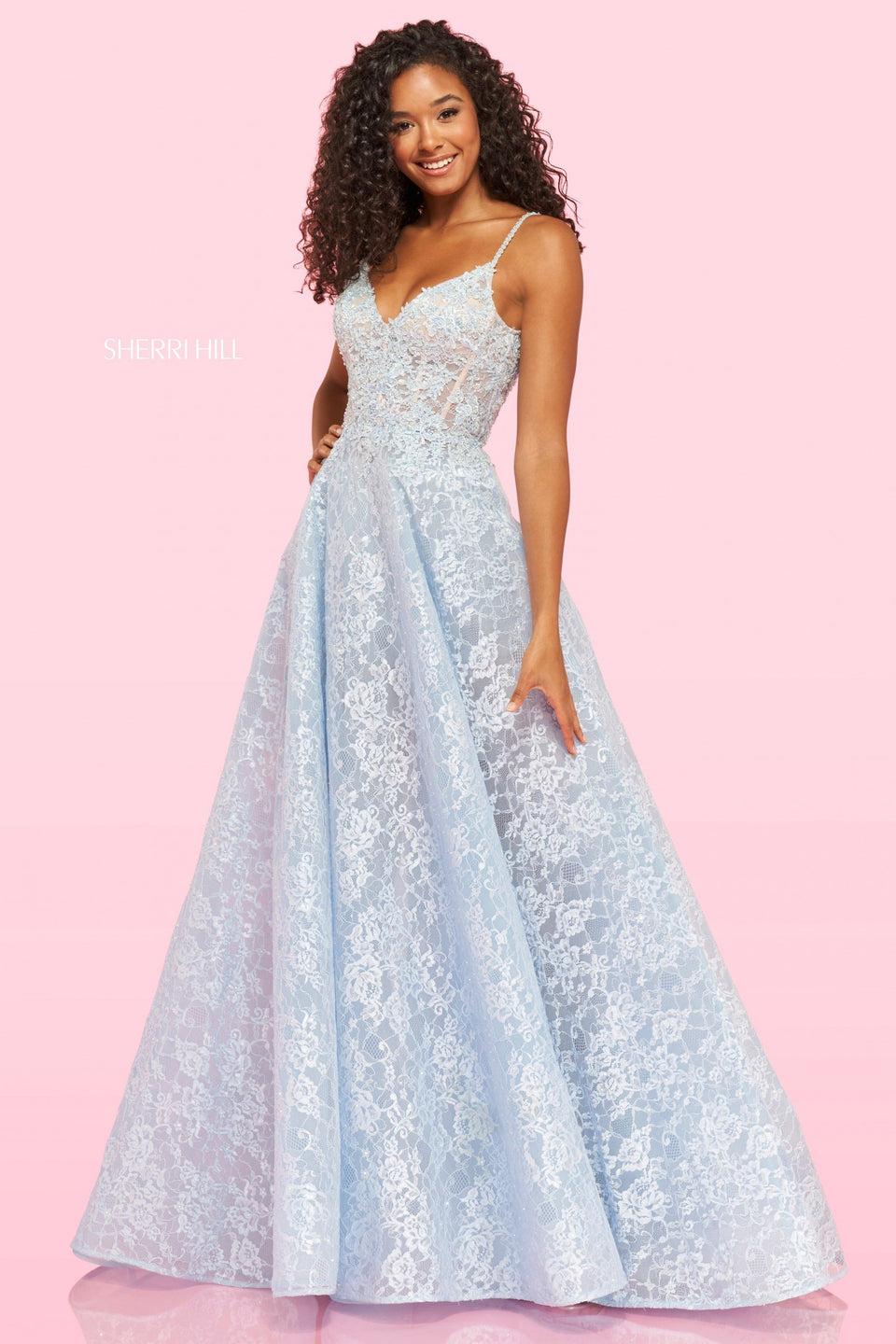 sherri hill Lace embroidered ball gown with deep V neckline crochet style lace up back and laced under shorts