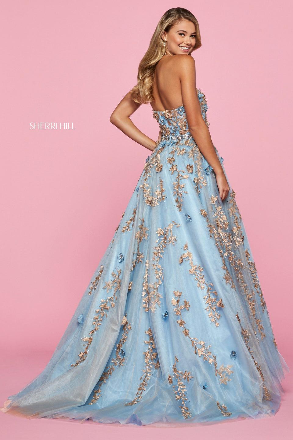Sherri Hill Lace Embroidered Tulle Ball Gown With Embellished Flower Appliques Strapless Neckline And Beaded Belt