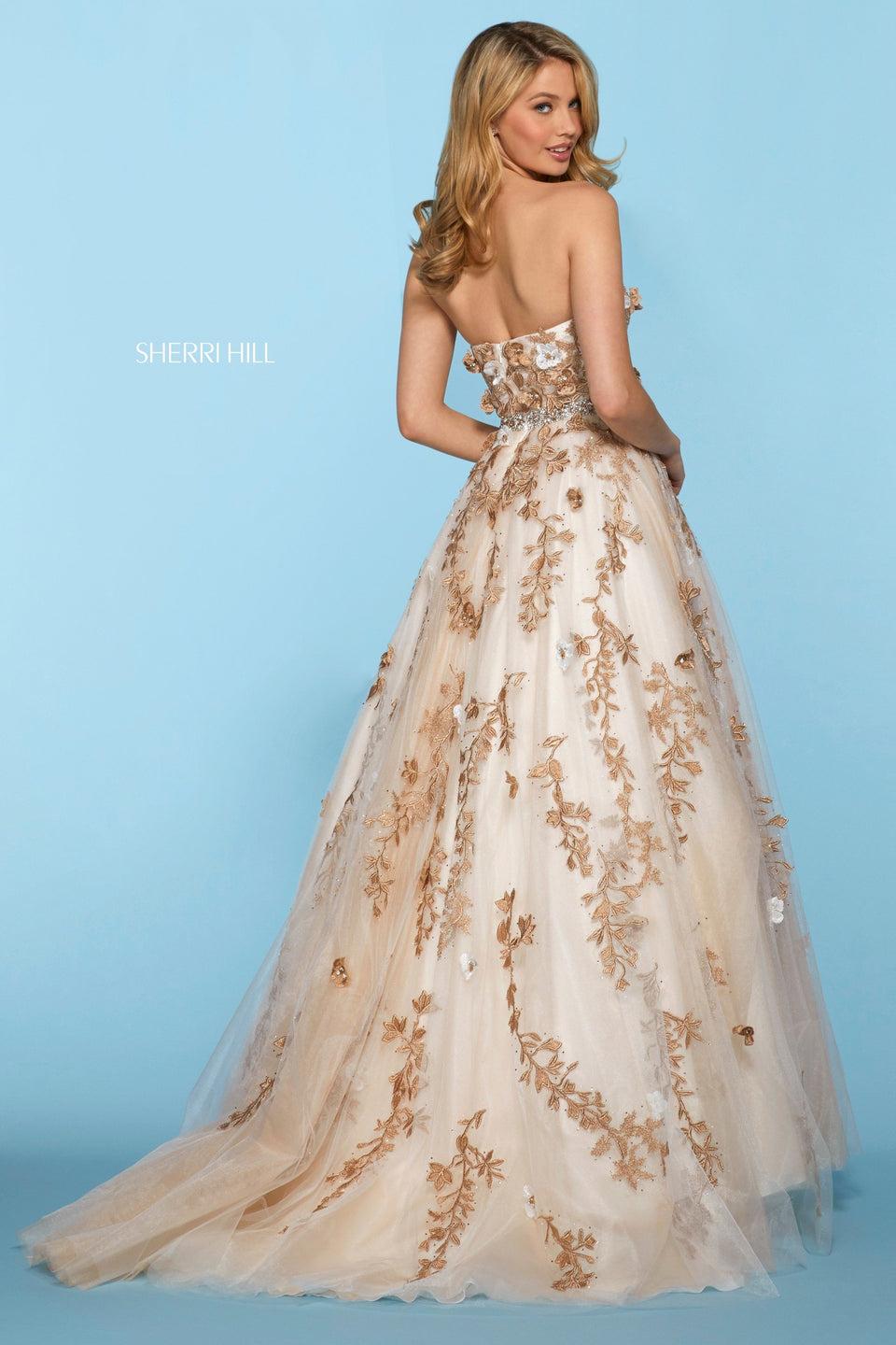 Sherri Hill Lace Embroidered Tulle Ball Gown With Embellished Flower Appliques Strapless Neckline And Beaded Belt