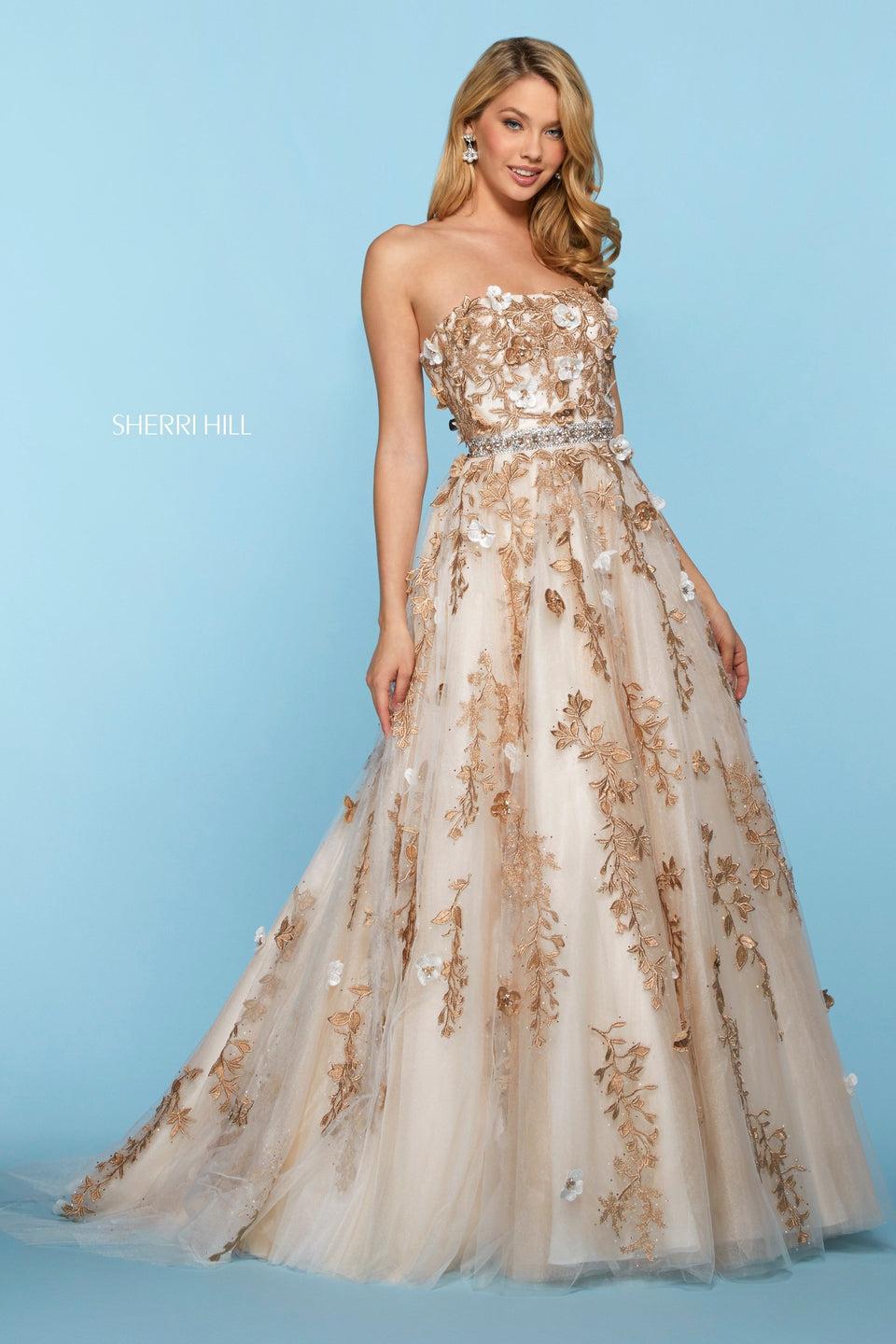 sherri hill Lace embroidered tulle ball gown with embellished flower appliques strapless neckline and beaded belt
