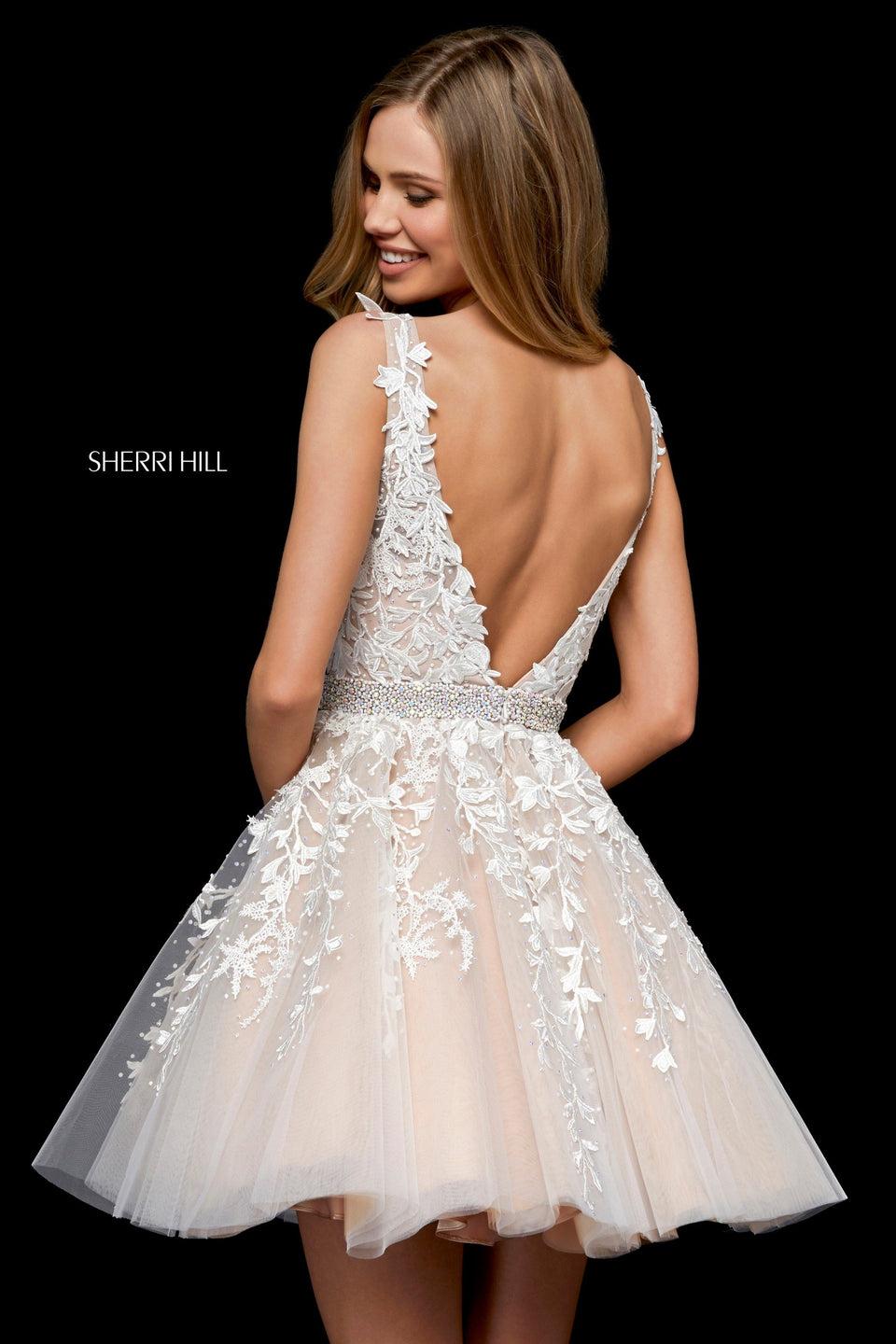 Sherri Hill Lace Embroidered Tulle Cocktail Dress With A Deep V Neckline