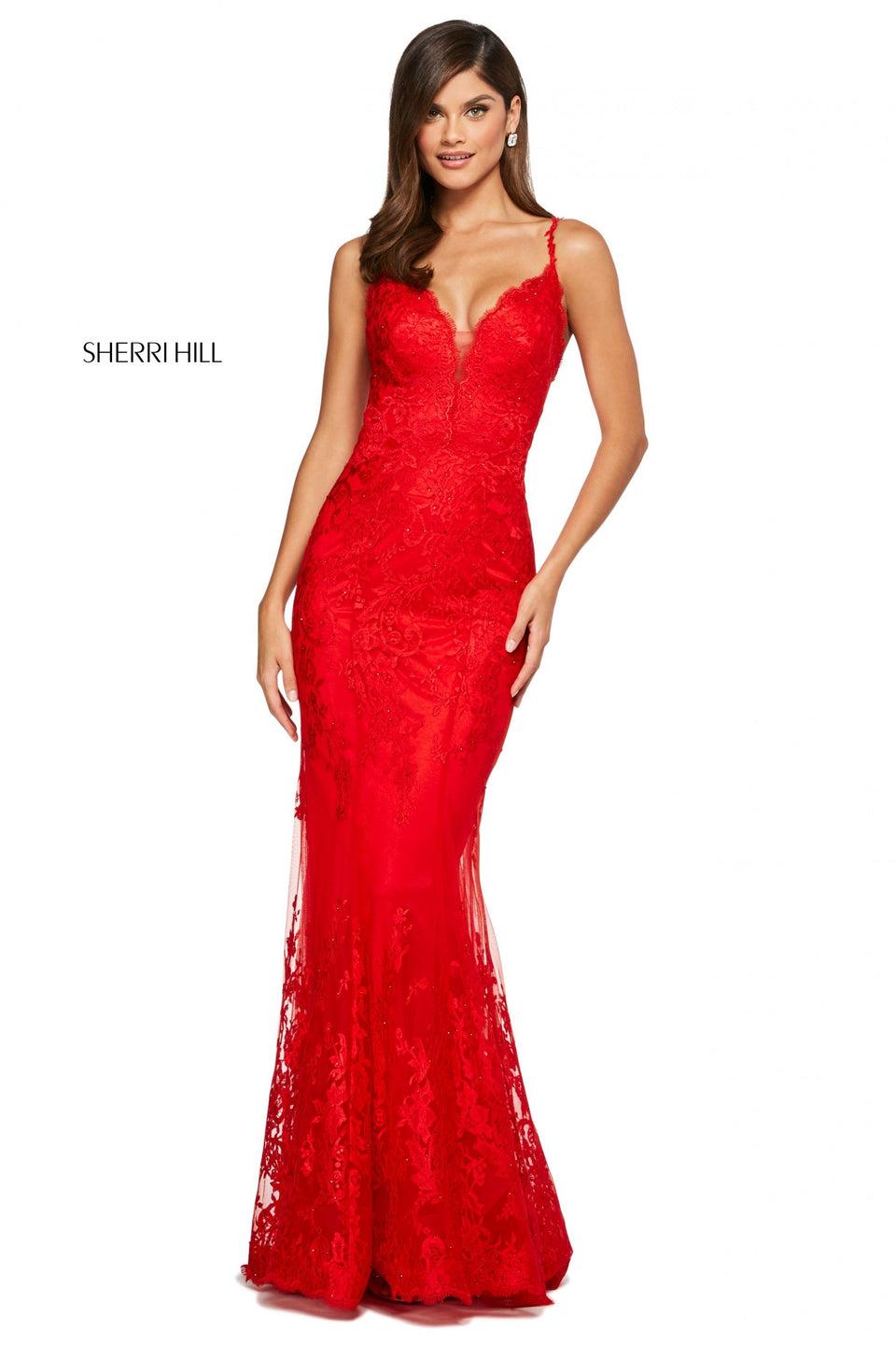 Sherri Hill Lace Fitted Dress With Deep Sweetheart Neckline