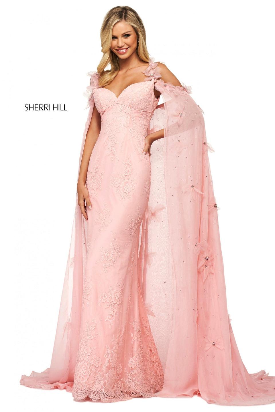 sherri hill Lace gown with sweetheart neckline and beaded organza cape with flower appliques