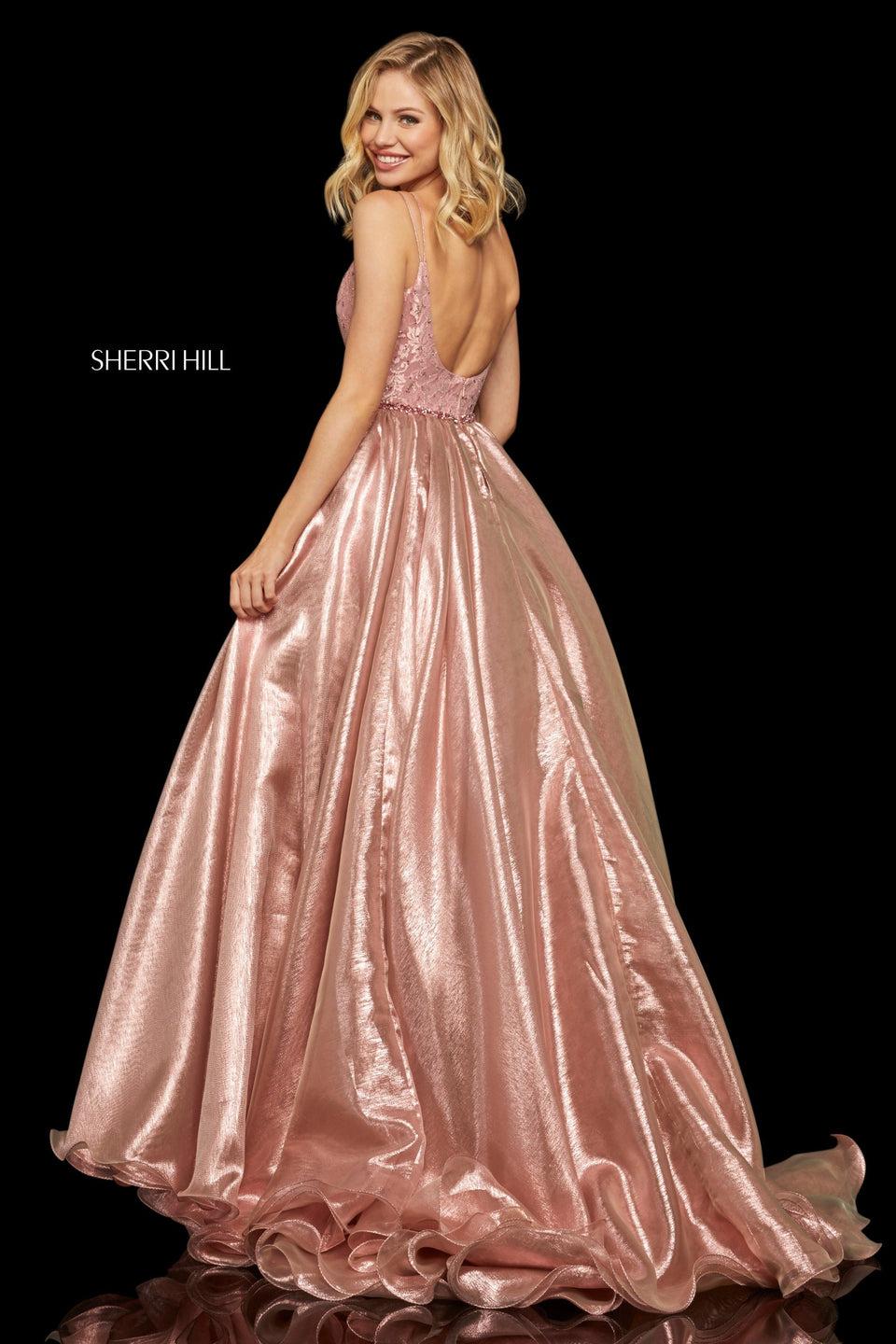 Sherri Hill Lace Gown With V Sweetheart Neckline And Metallic Organza Ball Gown Over Skirt With Beaded Belt