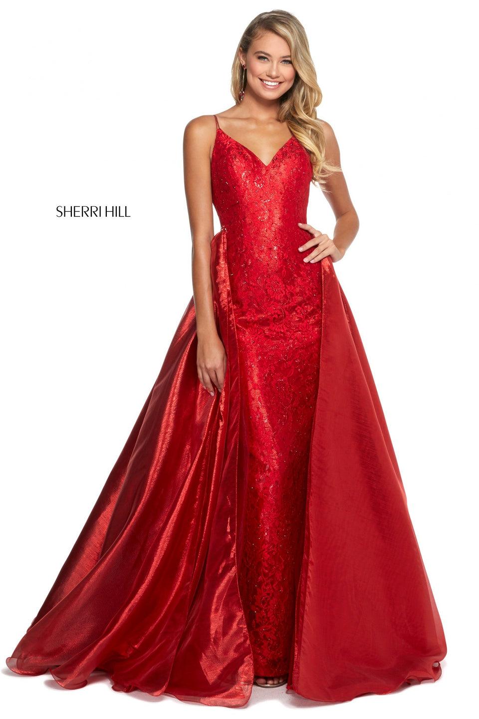Sherri Hill Lace Gown With V Sweetheart Neckline And Metallic Organza Ball Gown Over Skirt With Beaded Belt