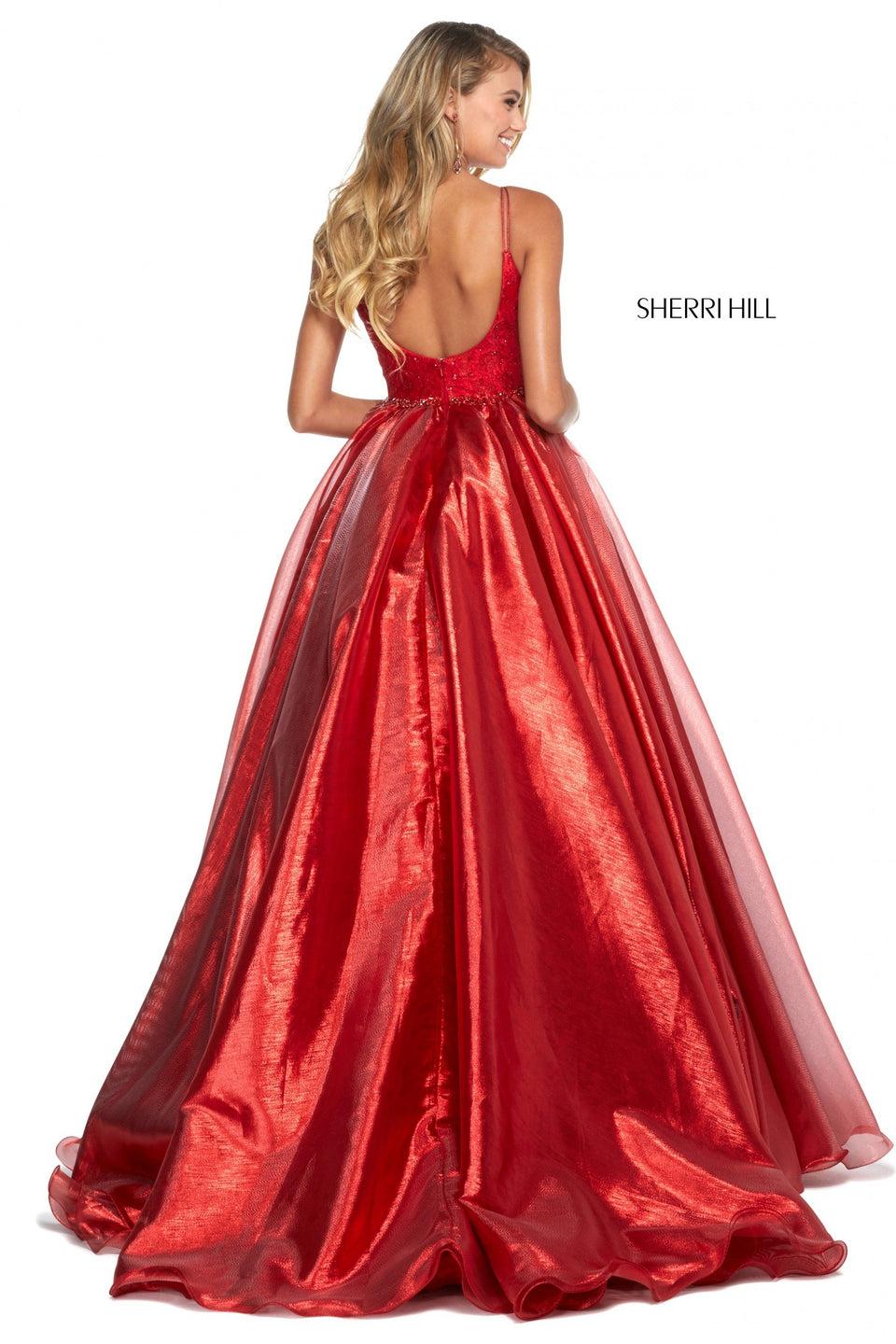 Sherri Hill Lace Gown With V Sweetheart Neckline And Metallic Organza Ball Gown Over Skirt With Beaded Belt