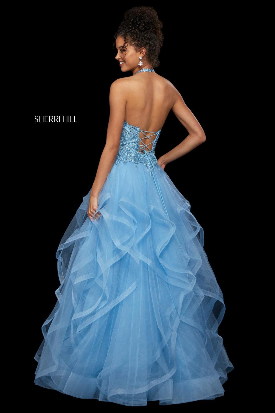 Sherri Hill Lace High Cut Halter Neck Bodice And Ruffle Tulle Ball Gown Skirt