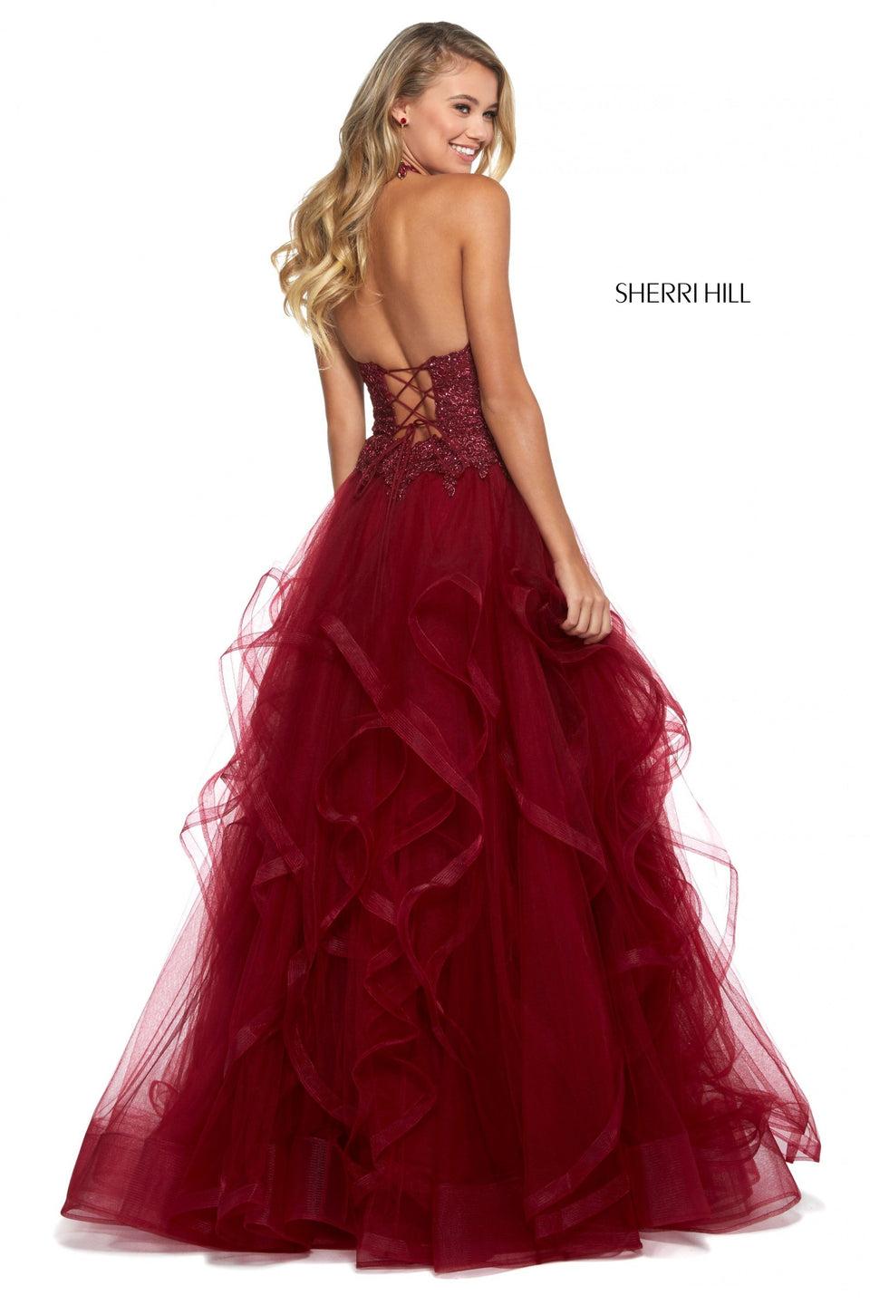 Sherri Hill Lace High Cut Halter Neck Bodice And Ruffle Tulle Ball Gown Skirt