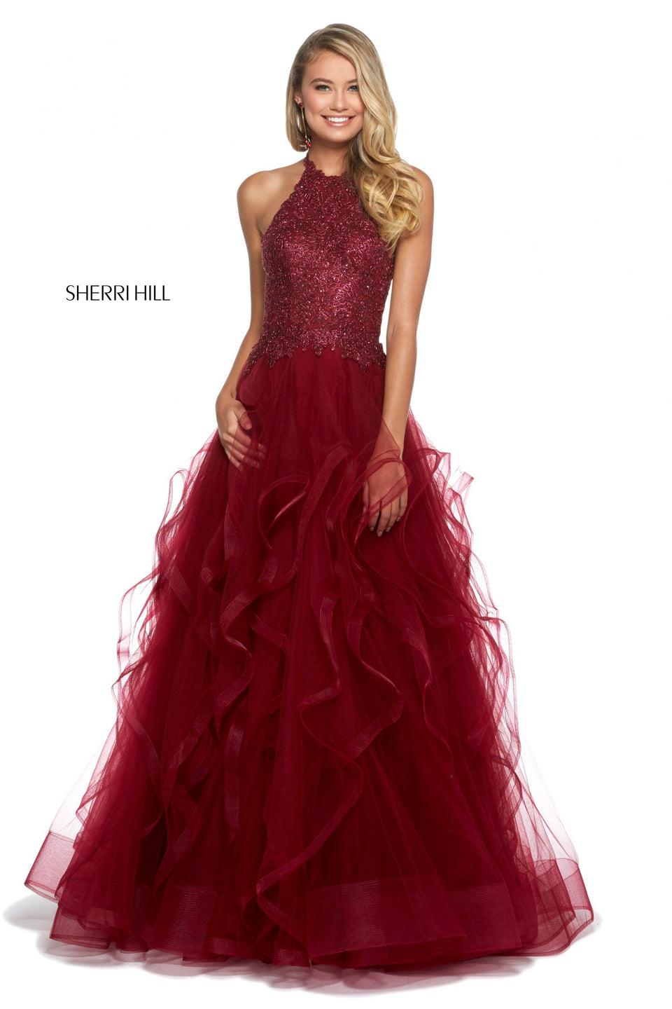 sherri hill Lace high cut halter neck bodice and ruffle tulle ball gown skirt