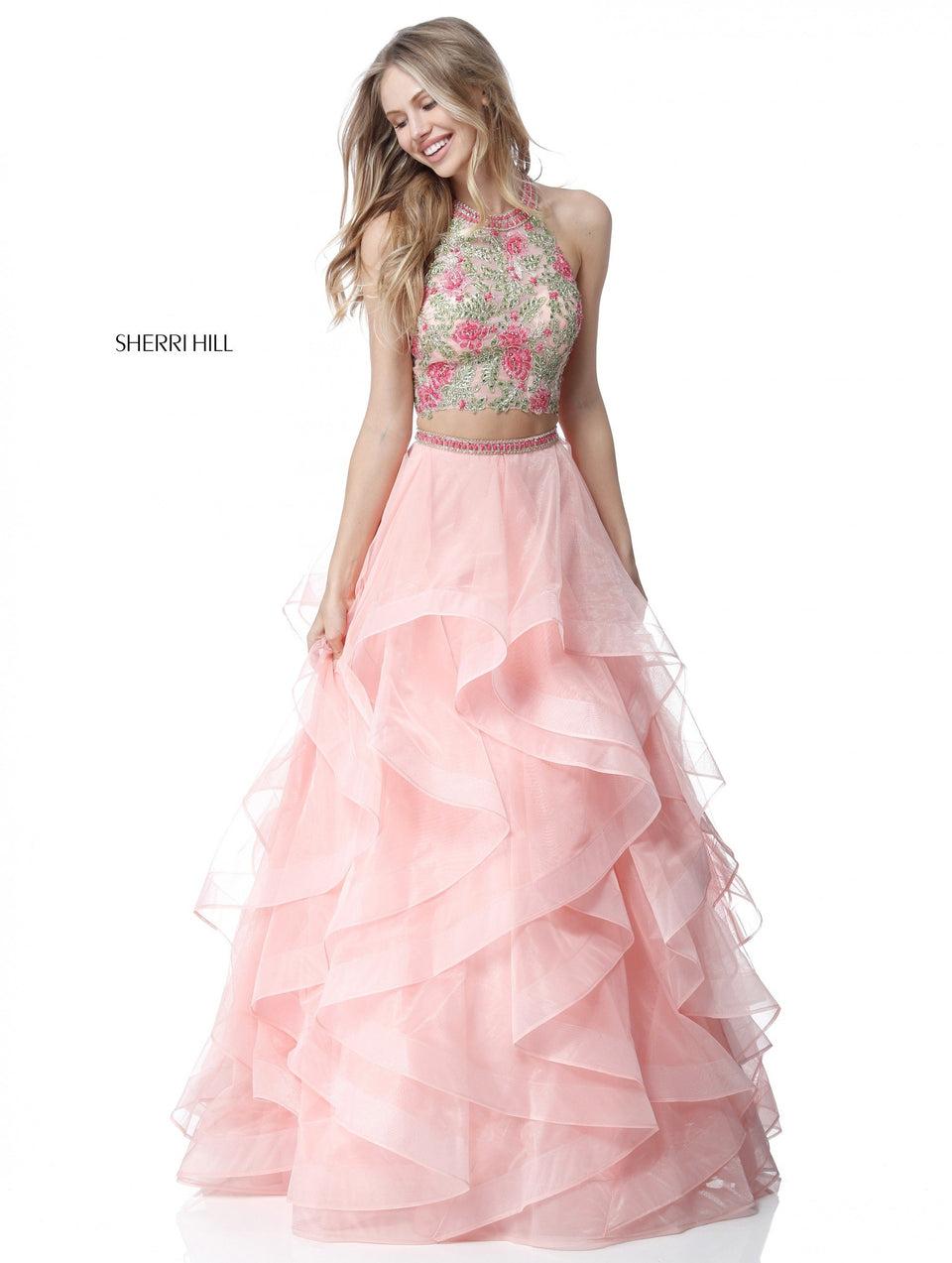 Sherri Hill Lace High Neck Floral Embroidered Crop Top With A Ruffled Organza Ball Gown Skirt
