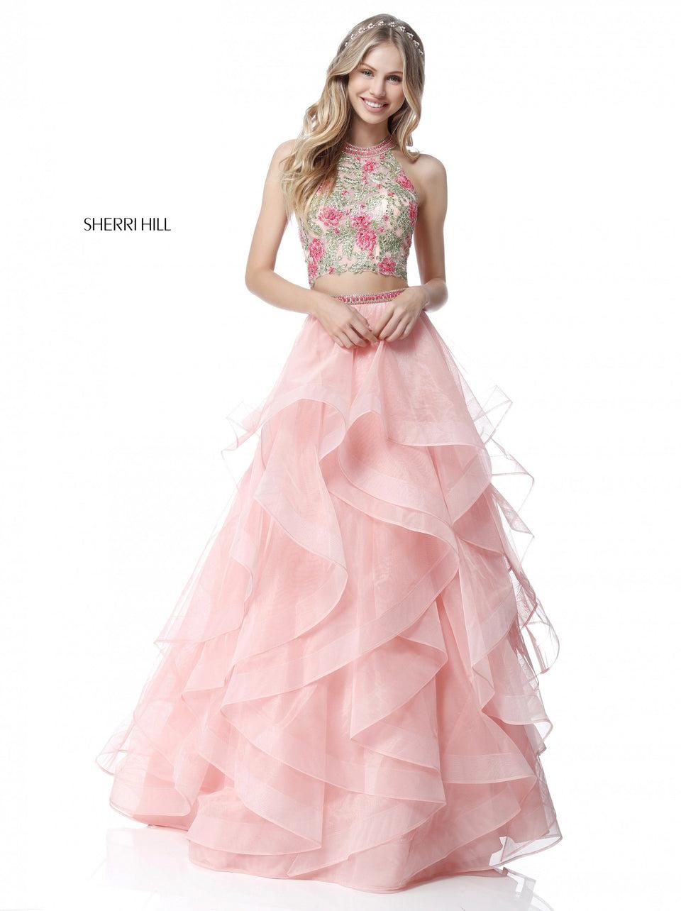 Sherri Hill Lace High Neck Floral Embroidered Crop Top With A Ruffled Organza Ball Gown Skirt