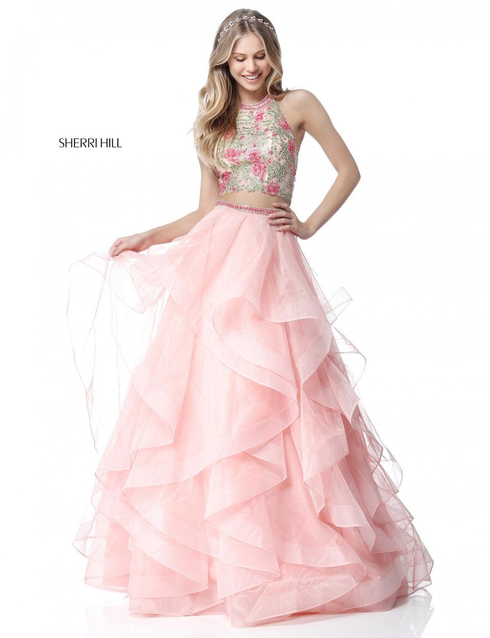 Sherri Hill Lace High Neck Floral Embroidered Crop Top With A Ruffled Organza Ball Gown Skirt