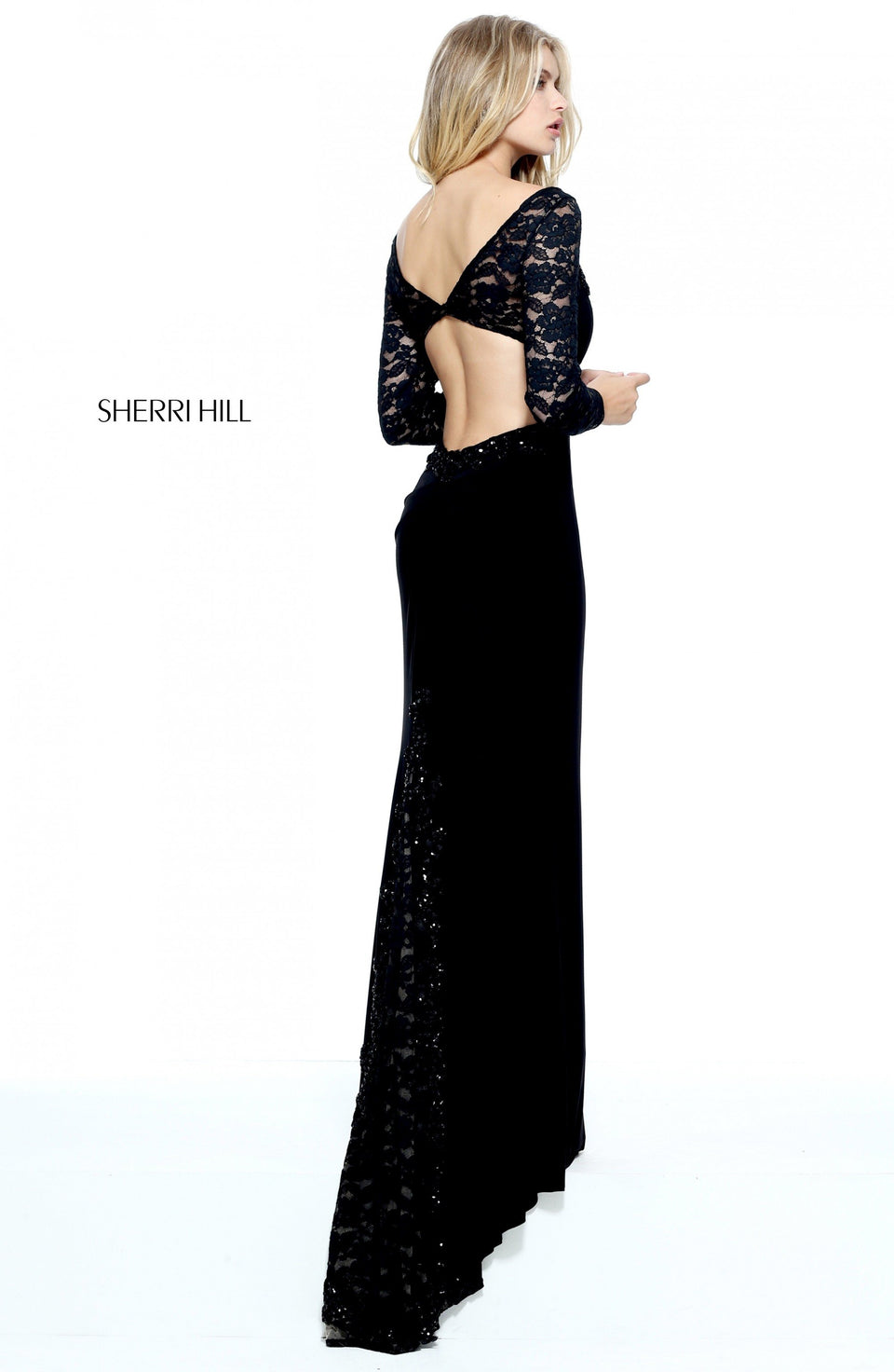 Sherri Hill Lace Long Sleeve Jersey With Beading On The Bodice And Cut Out Back