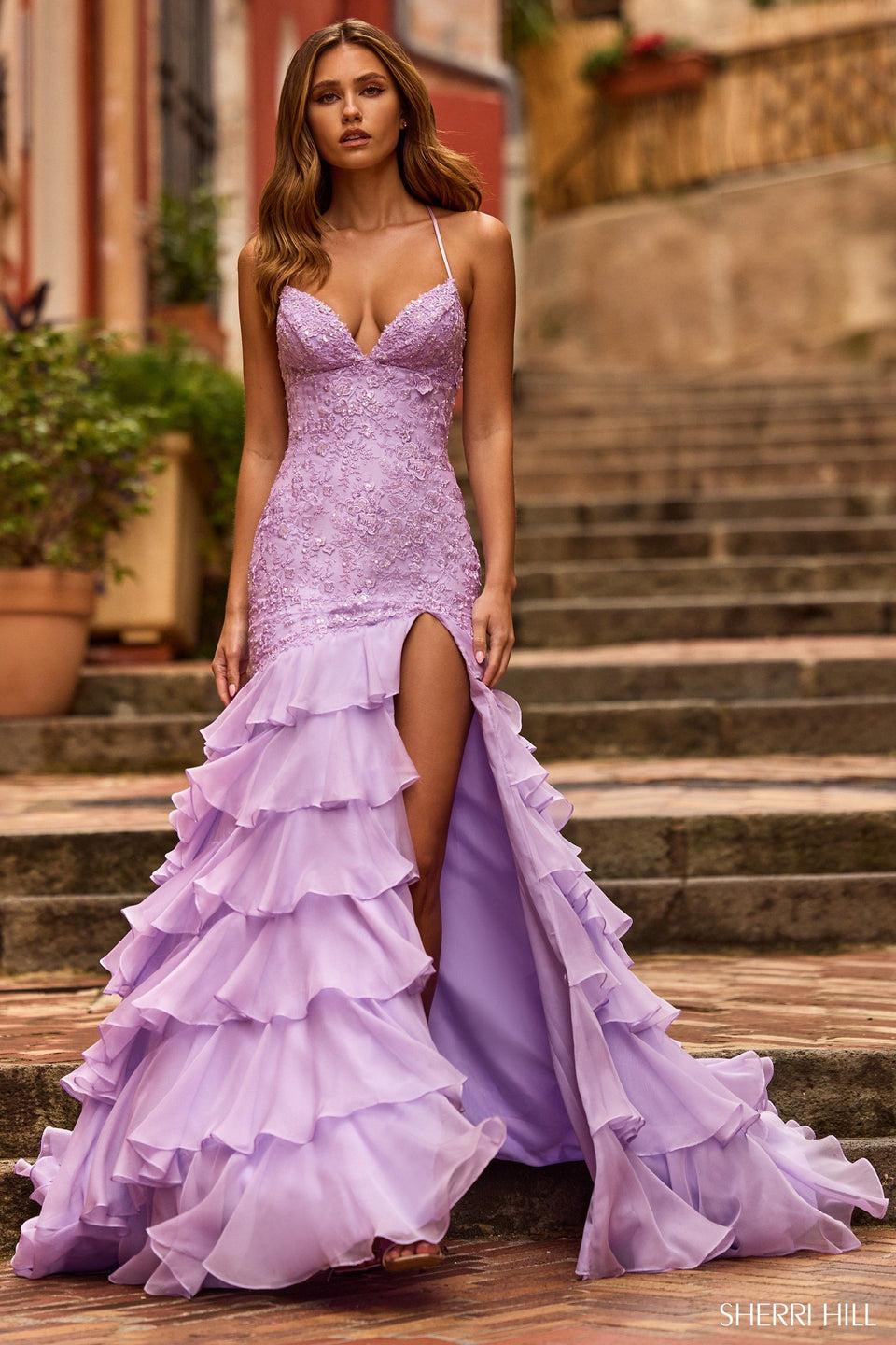 Sherri Hill Lace Mermaid Gown With Lace Up Back And Chiffon Ruffle Skirt Slit