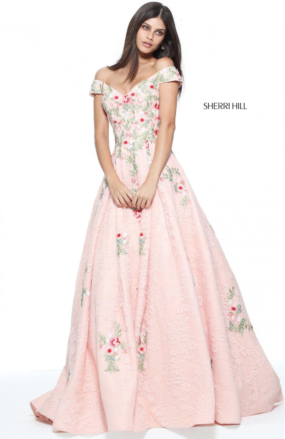 Sherri Hill Lace Off-the-shoulder Ball Gown With Flower Appliques