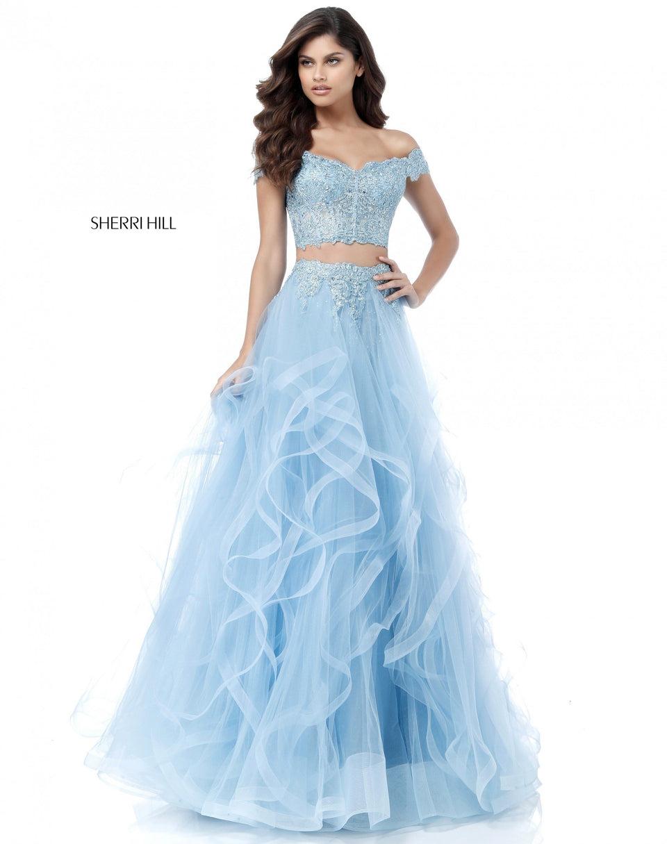 Sherri Hill Lace Off-the-shoulder Crop Top And A Ruffled Organza Mermaid Skirt With Lace Applique At The Waist