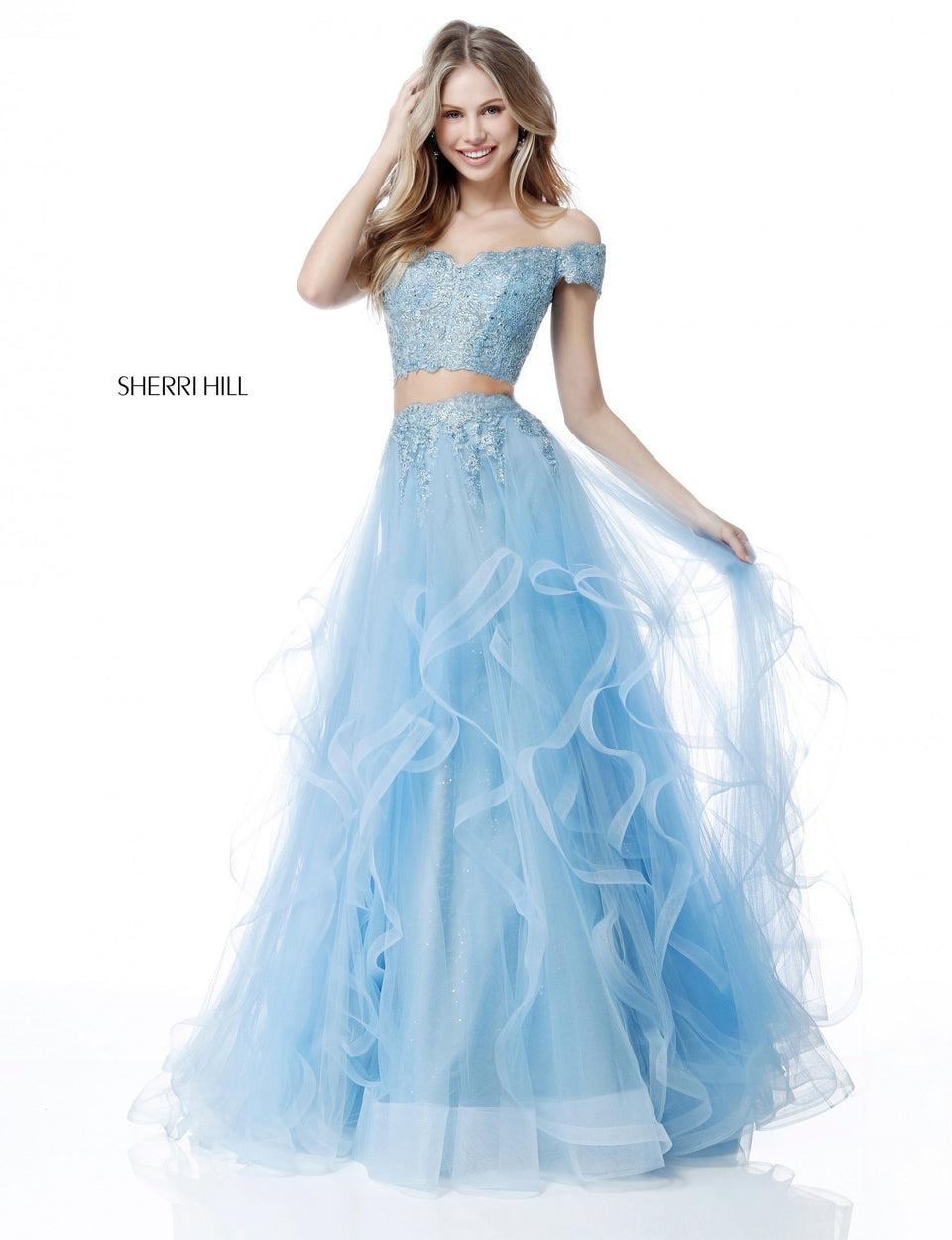 Sherri Hill Lace Off-the-shoulder Crop Top And A Ruffled Organza Mermaid Skirt With Lace Applique At The Waist