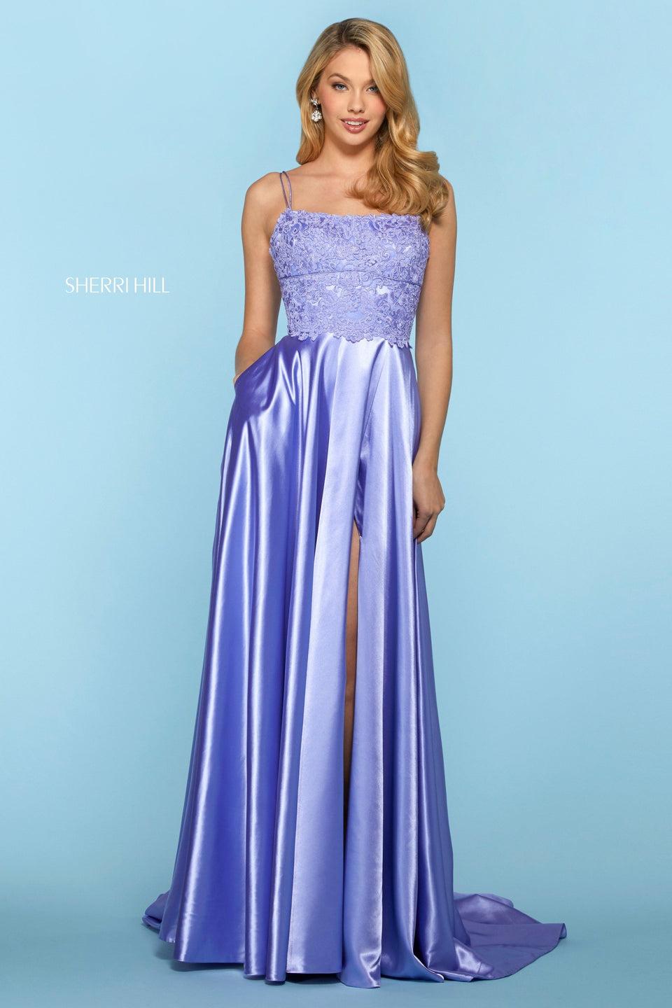 Sherri Hill Lace Straight Neckline Bodice With Spaghetti Straps And Corset Style Lace Up Back Satin Skirt With Slit And Pockets
