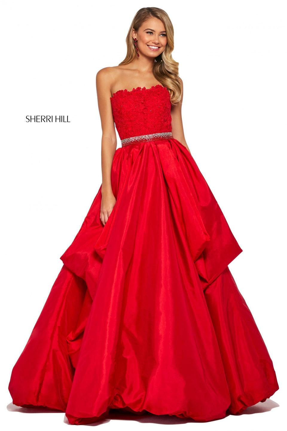 sherri hill Lace strapless bodice with beaded belt with taffeta ball gown skirt