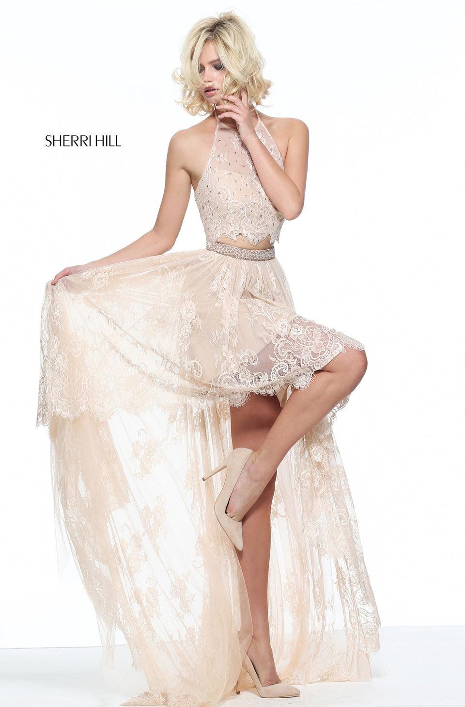 Sherri Hill Lace Two-piece High Low With A Beaded Waist Band