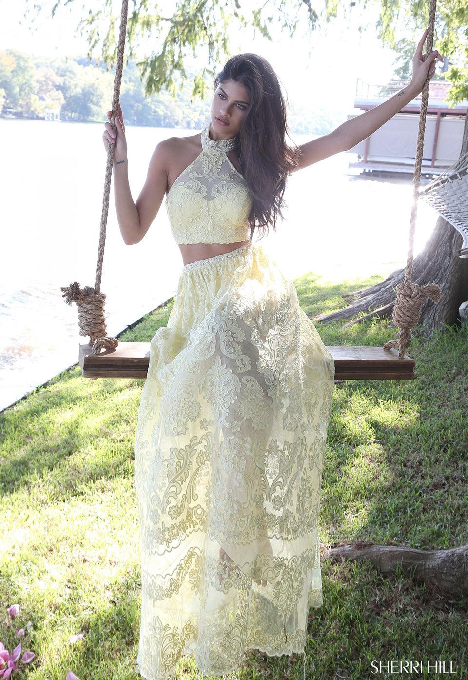 sherri hill Lace two-piece high neck with a beaded collar and waist band