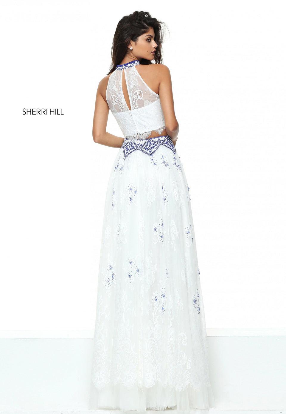 Sherri Hill Lace Two-piece With Blue Beading Around Neck And Waistband