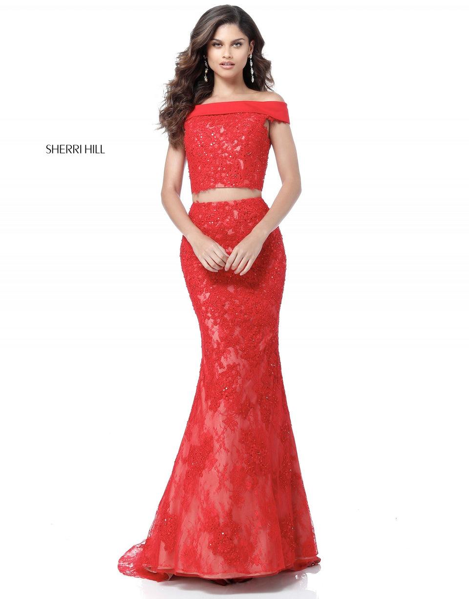 sherri hill Lace two piece with off-the-shoulder bodice and mermaid skirt
