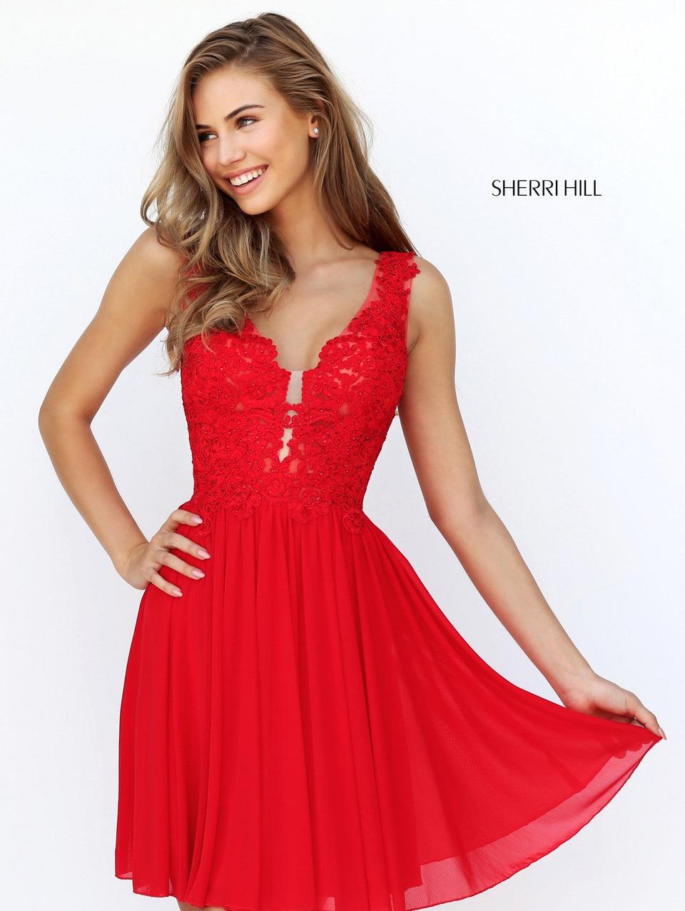 Sherri Hill Lace V Neck Bodice With Low Back And Chiffon Skirt