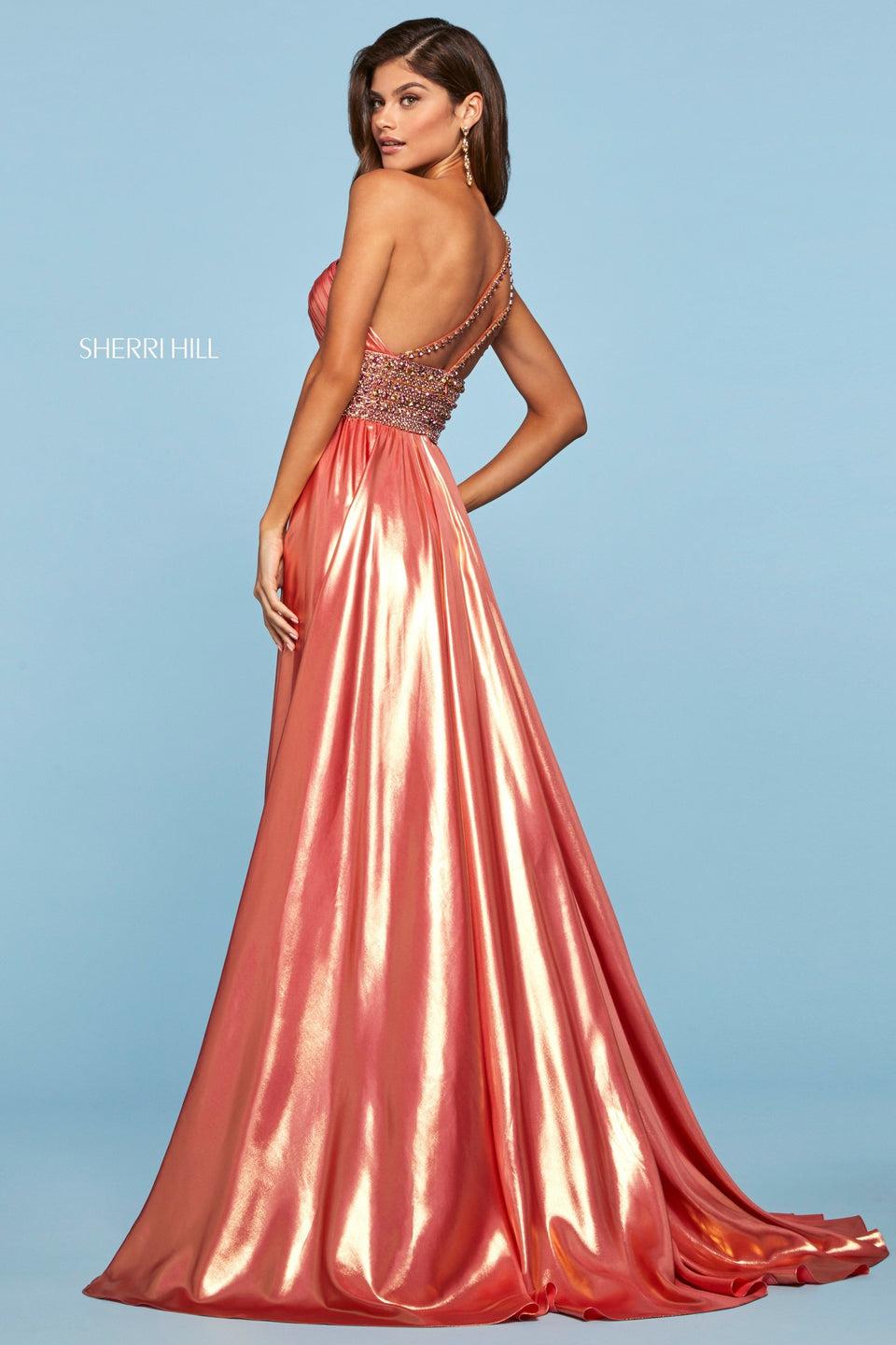 Sherri Hill LamÃ© Gown With Ruched One Shoulder Bodice With Beaded Waistband And Straps