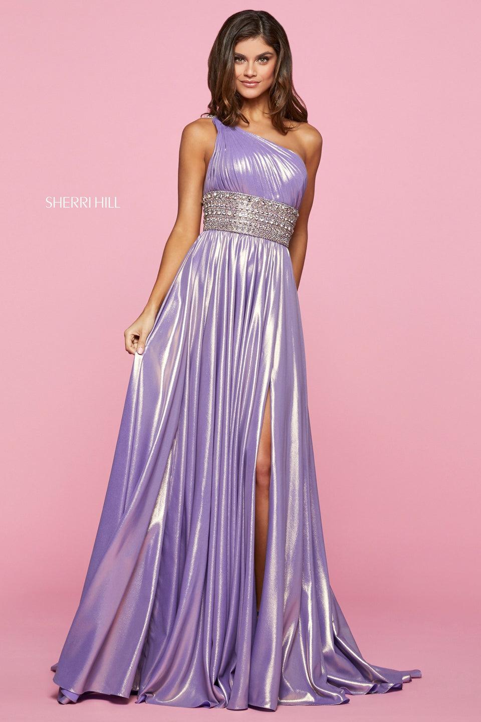 Sherri Hill LamÃ© Gown With Ruched One Shoulder Bodice With Beaded Waistband And Straps