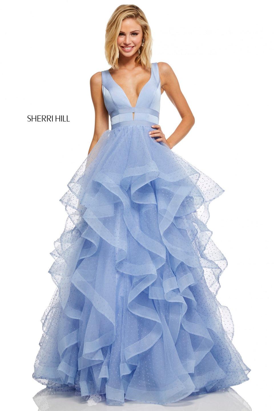 Sherri Hill Layered Ruffle Point Desprit Ball Gown With Plunging Neckline