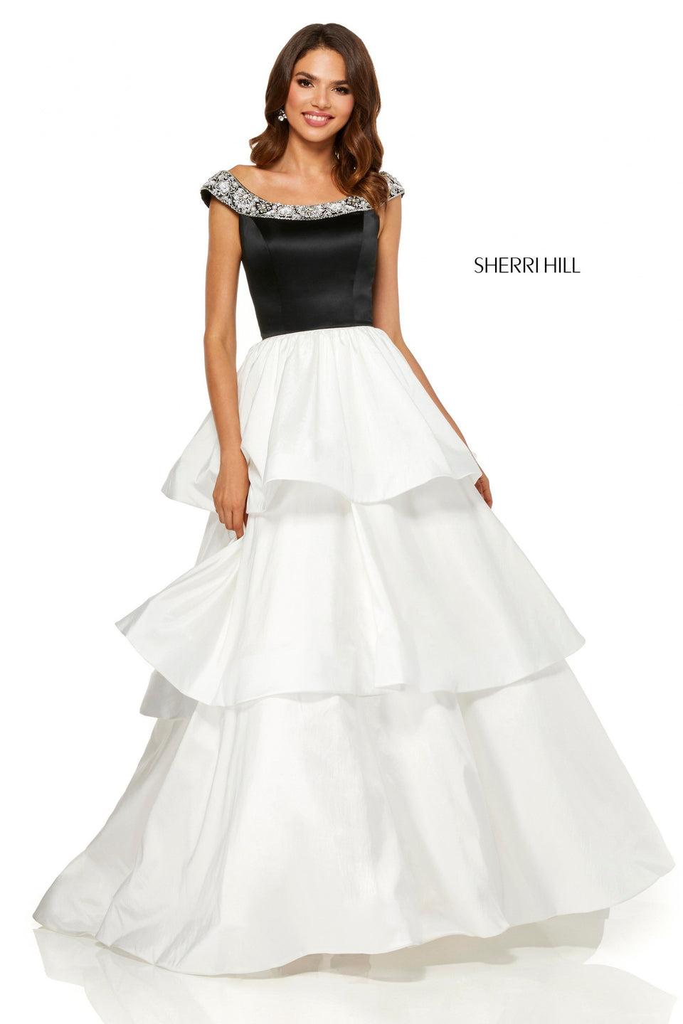 sherri hill Layered taffeta ball gown with a satin off-the-shoulder bodice