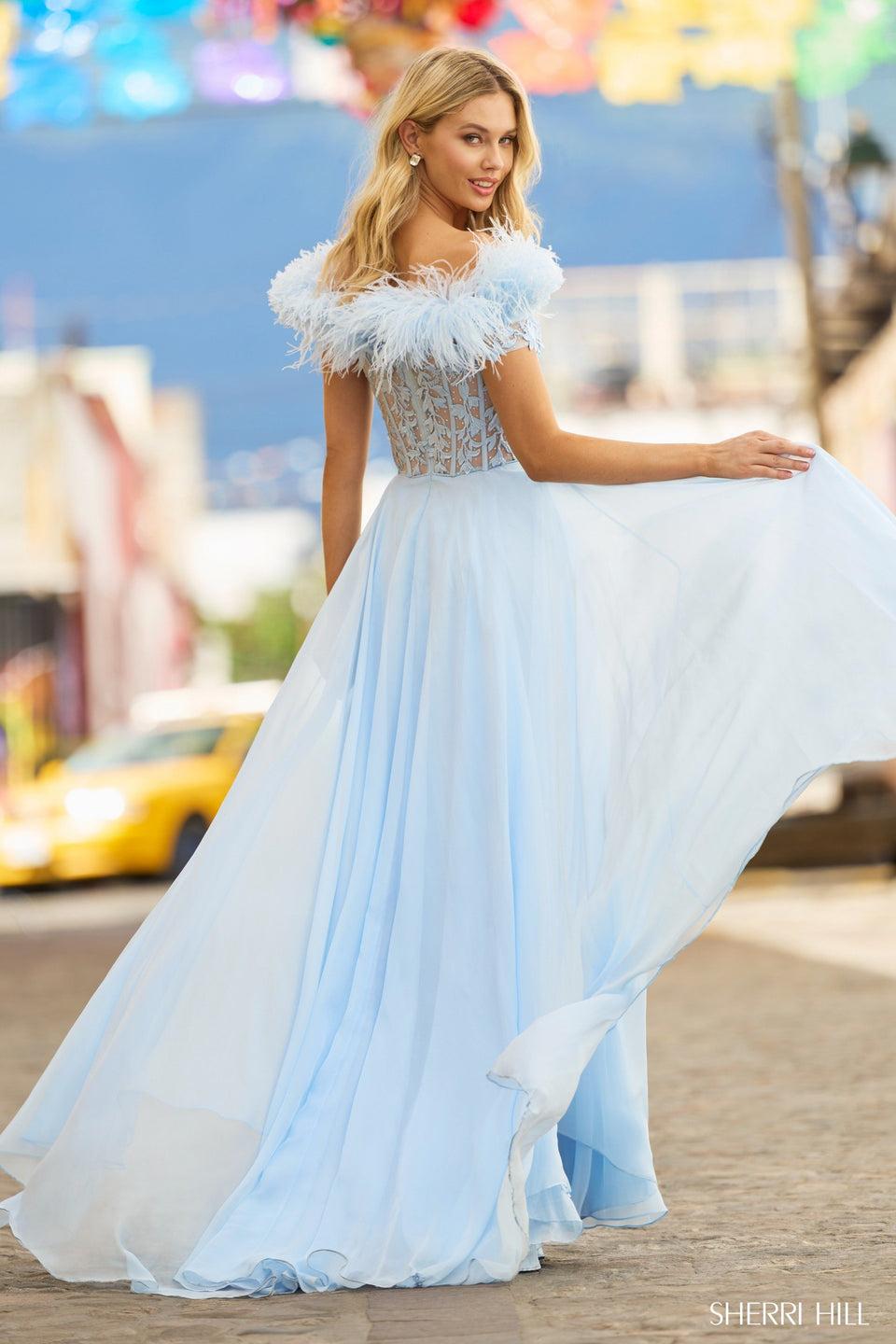 Sherri Hill Leaf Lace A-Line Chiffon Gown With Plunging Deep V Neckline Corset Top And Feathered Sleeves