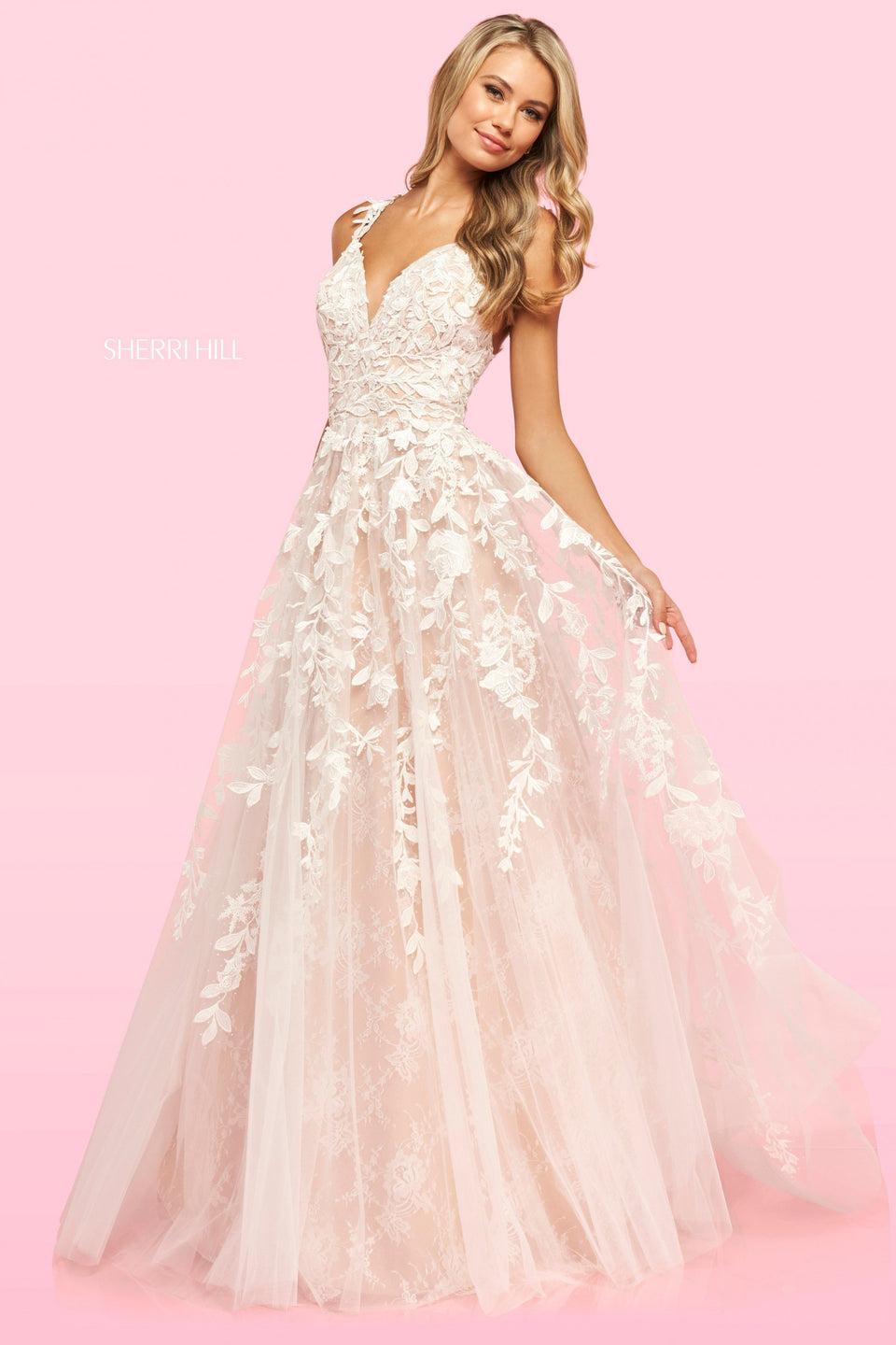 sherri hill Leaf lace appliqué A-line gown with a V sweetheart neckline and lace under tulle skirt with long lace train