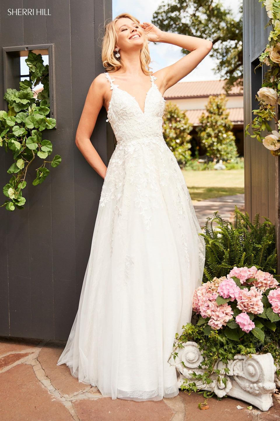 Sherri Hill Leaf Lace Appliqued A-line Gown With A V Sweetheart Neckline
