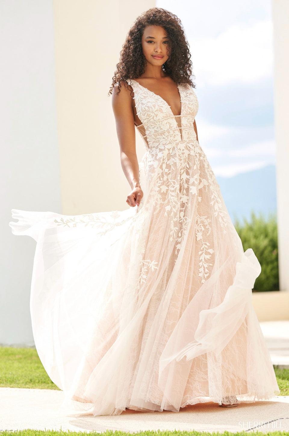 sherri hill Leaf lace ballgown with deep V neckline