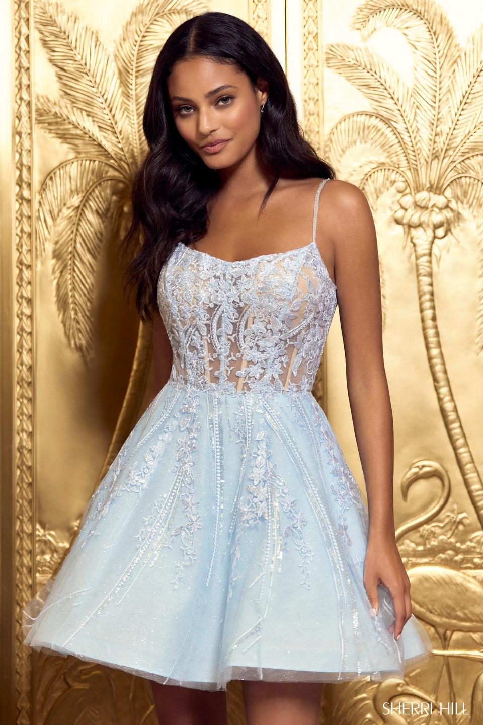 Sherri Hill Leaf Lace Embellished Cocktail Dress With Corset Top And Lace Up Back