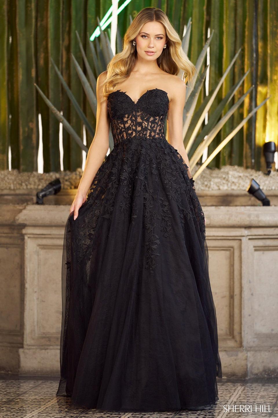 Sherri Hill Leaf Lace Embroidered A-line Gown With A Sheer Corset Top Sweetheart Neckline And Lace Up Back