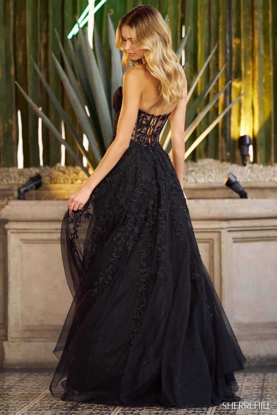 Sherri Hill Leaf Lace Embroidered A-line Gown With A Sheer Corset Top Sweetheart Neckline And Lace Up Back