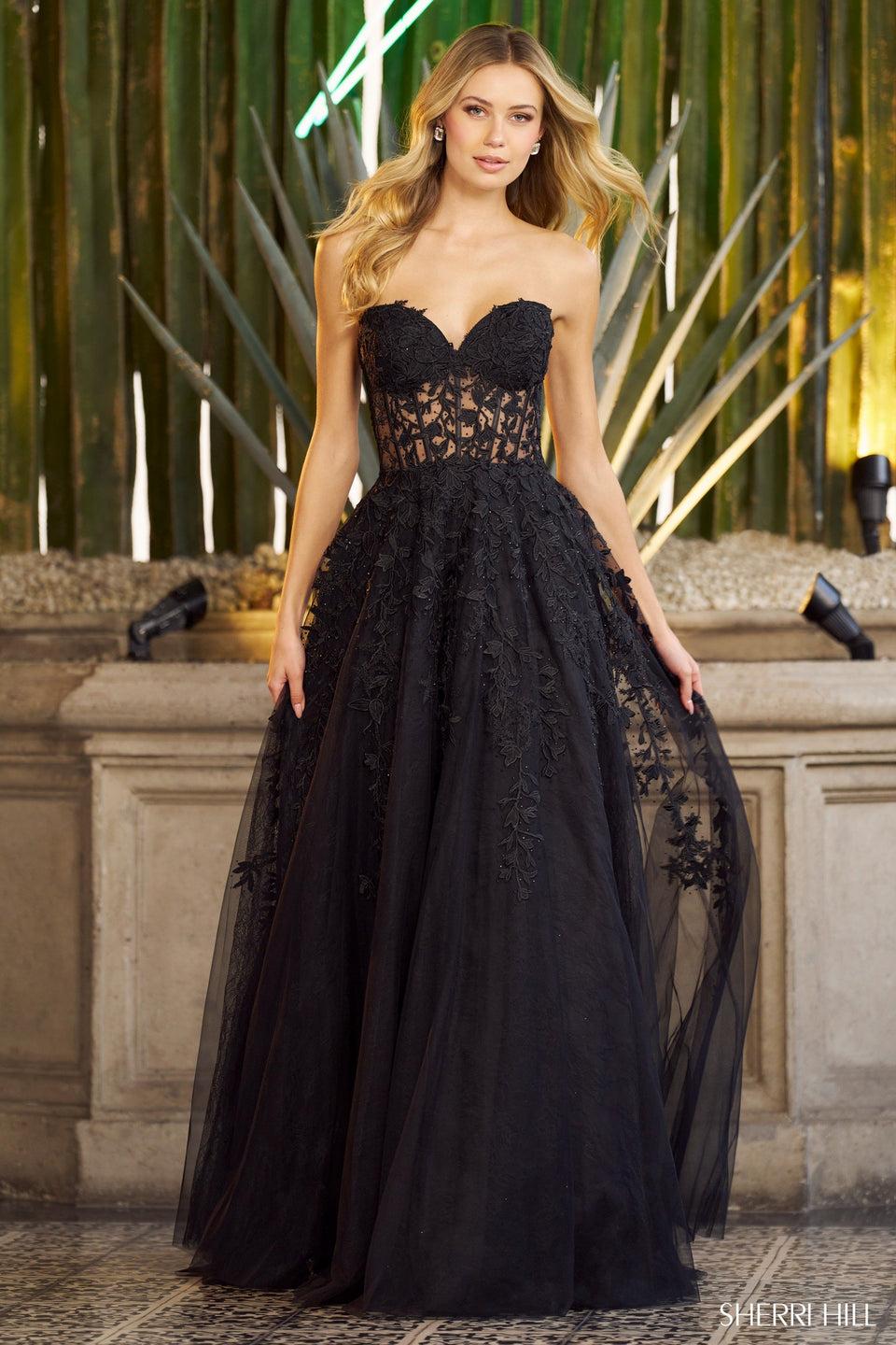 sherri hill Leaf lace embroidered A-line gown with a sheer corset top sweetheart neckline and lace up back