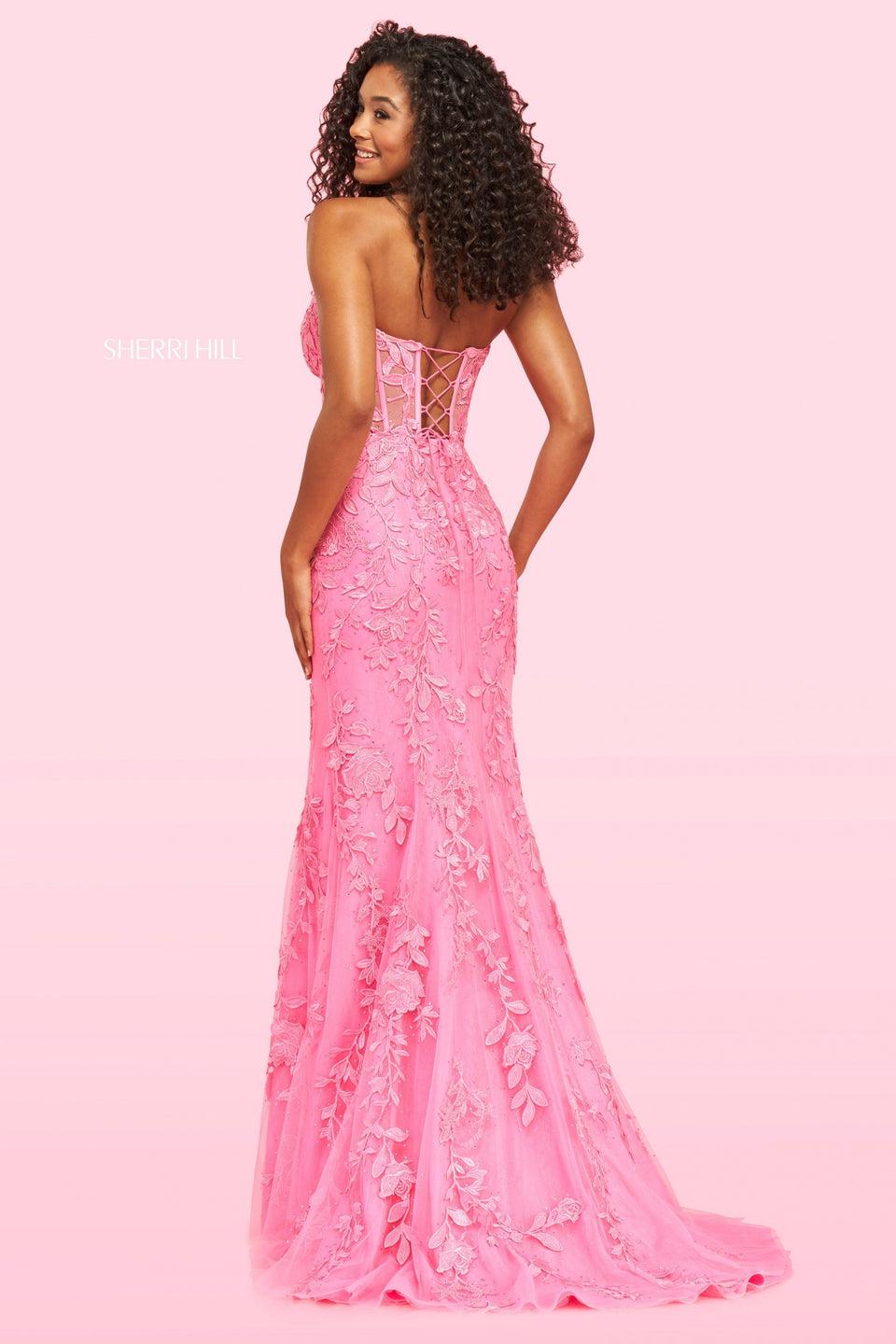 Sherri Hill Leaf Lace Embroidered Fitted Gown With A Corset Top And A Sweetheart Neckline
