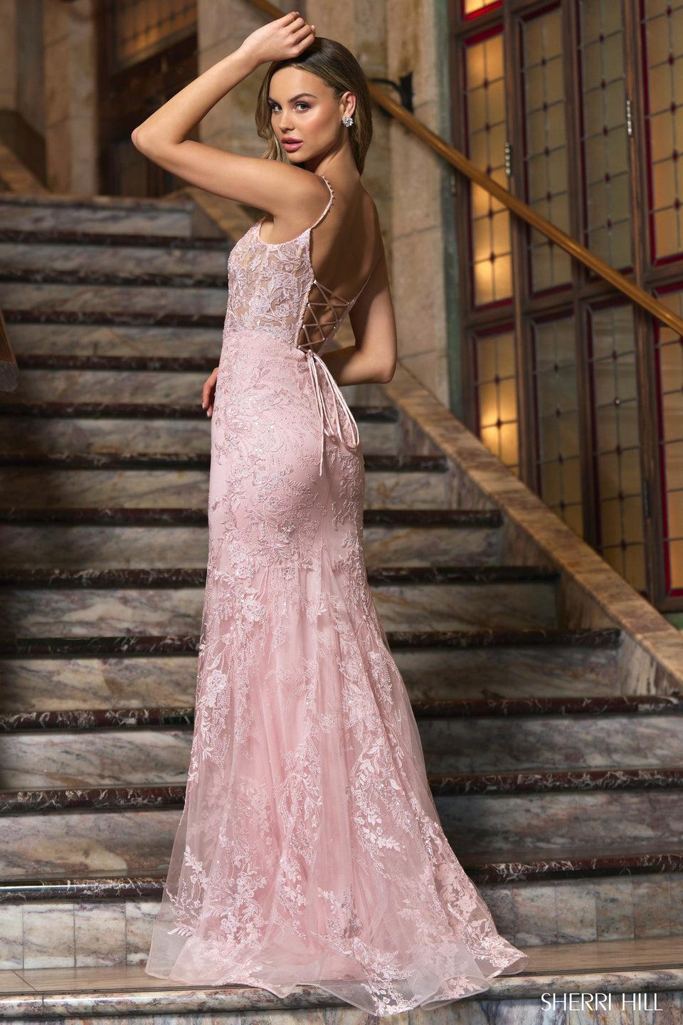 Sherri Hill Leaf Lace Embroidered Fitted Gown With Corset Top And Lace Up Back
