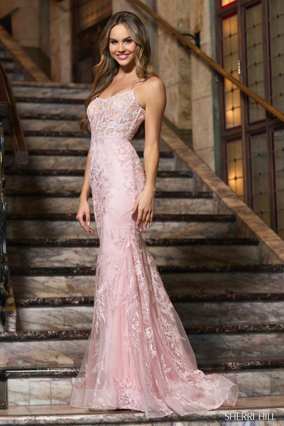 sherri hill Leaf lace embroidered fitted gown with corset top and lace up back