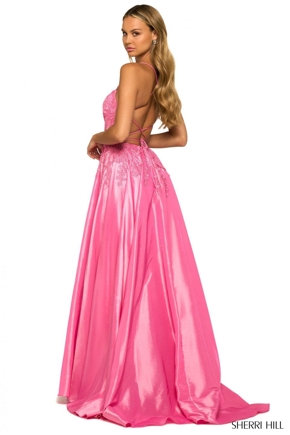 Sherri Hill Leaf Lace Gown With Corset Bodice Taffeta Skirt Slit And Lace Up Back