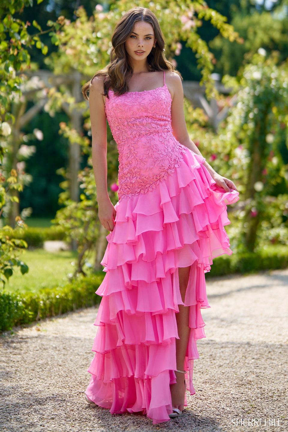 Sherri Hill Leaf Lace Gown With Open Back And Chiffon Ruffle Skirt Slit