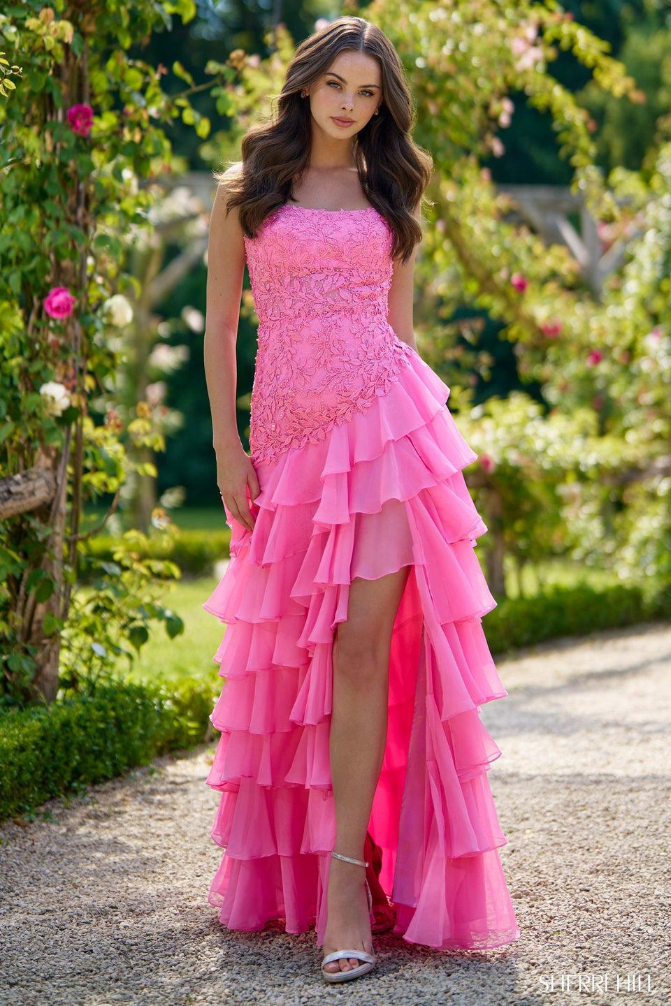 sherri hill Leaf lace gown with open back and chiffon ruffle skirt slit