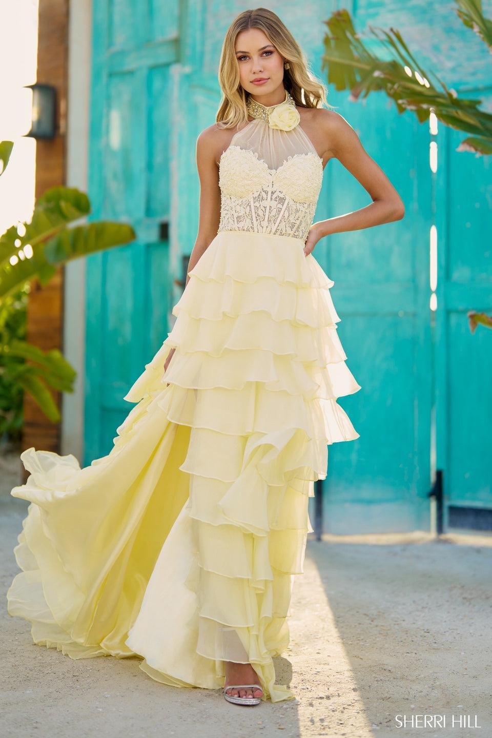 sherri hill Leaf lace high neckline gown with beaded chocker 3D flower and ruffle chiffon skirt slit sherri hill Leaf lace high neckline gown with beaded chocker 3D flower and ruffle chiffon skirt slit
