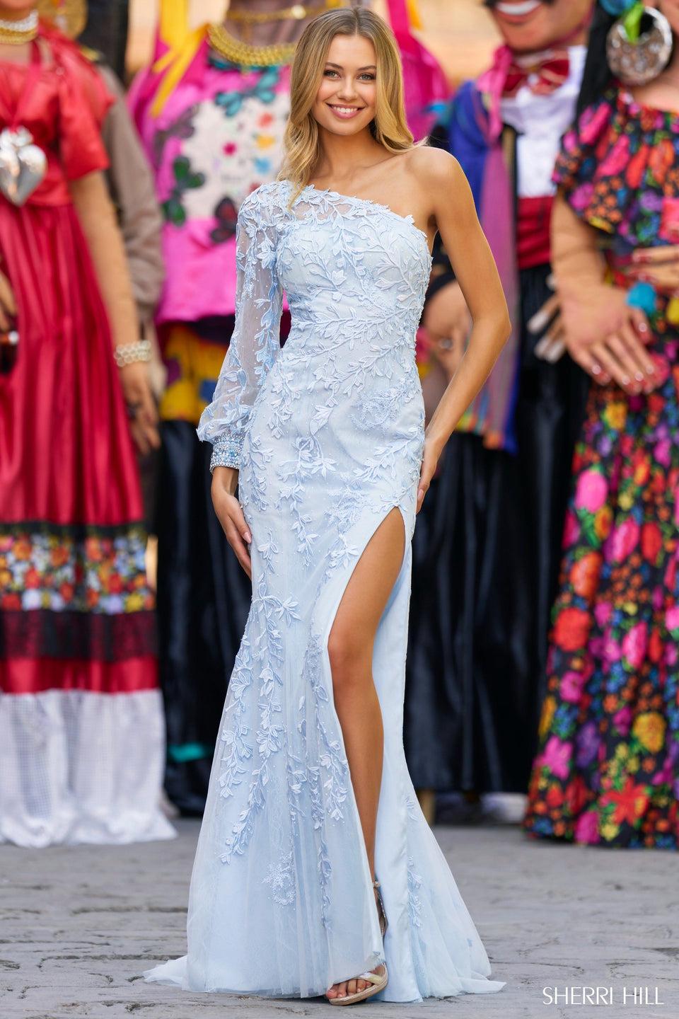 sherri hill Leaf lace one shoulder gown with beaded embellishments on the sleeve