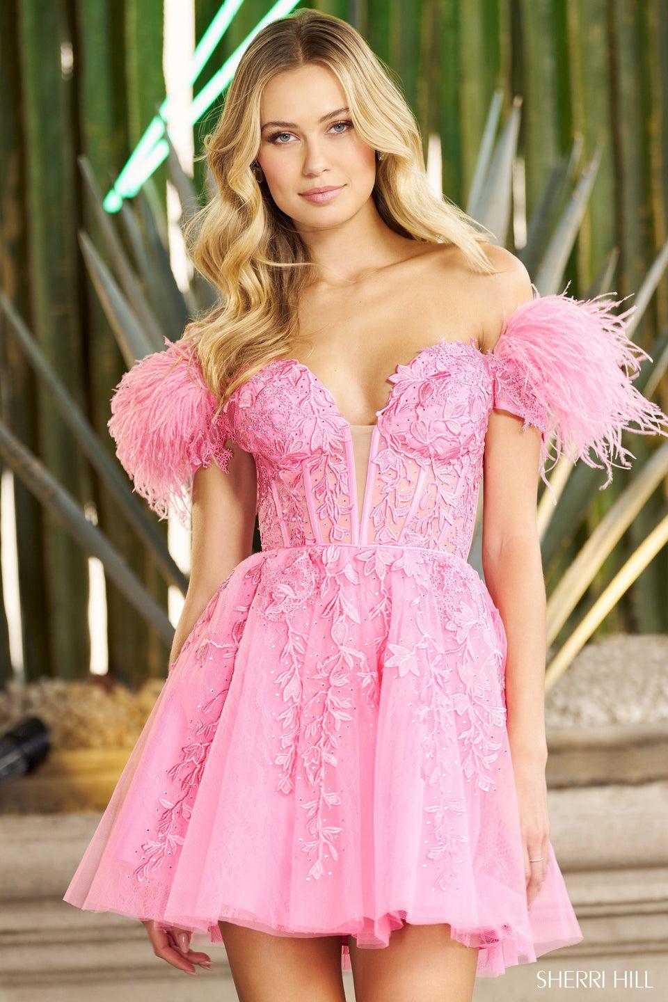 Sherri Hill Leaf Lace Tulle Cocktail Dress With Plunging Deep V Neckline Corset Top And Feathered Sleeves